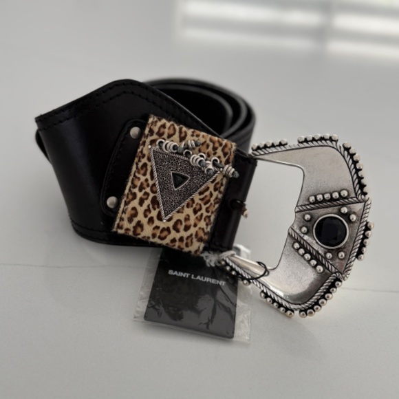 YSL Large Folk Belt Black Leather with Metal & Fur Accents - Picture 1 of 13